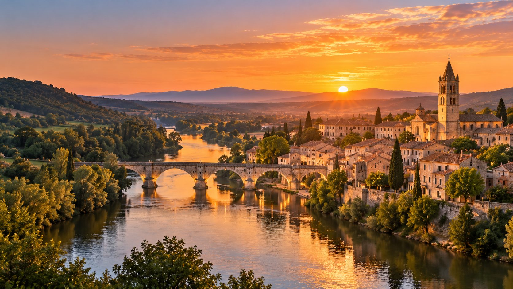 Vila medieval à beira de um rio ao pôr do sol, com ponte de pedra e torre de igreja